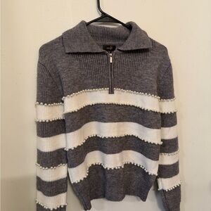 Elegant Gray and White Striped Sweater with Pearl Details